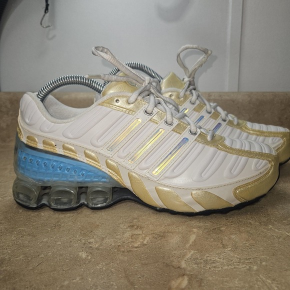 adidas Bounce Shoes Mens 8‎ Women 9 White Gold Leather Athletic Sneakers 2007